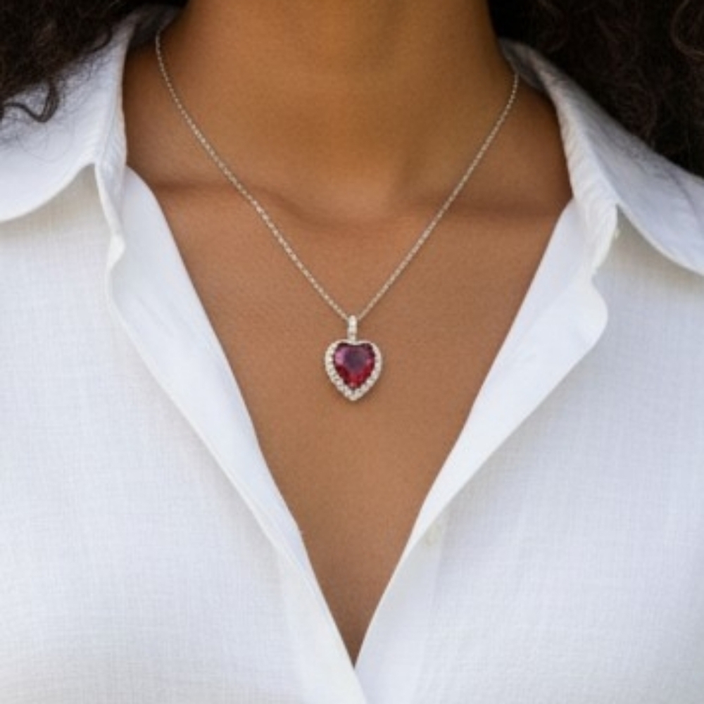 BLue SAGE 925 Silver Heart Necklace with Red Gemstone